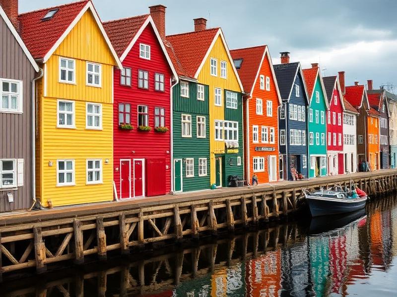 Kolorowe drewniane domy nad wodą w norweskim porcie