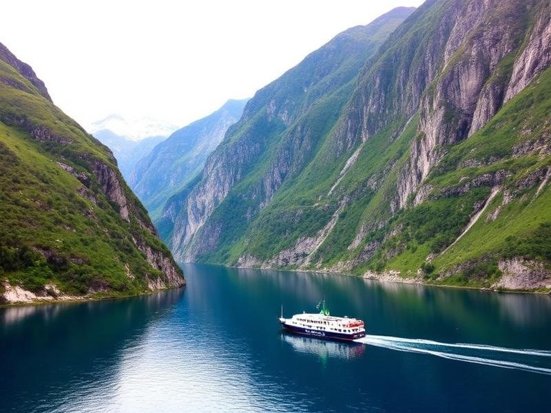 Hardangerfjord — prom płynący między stromymi zboczami